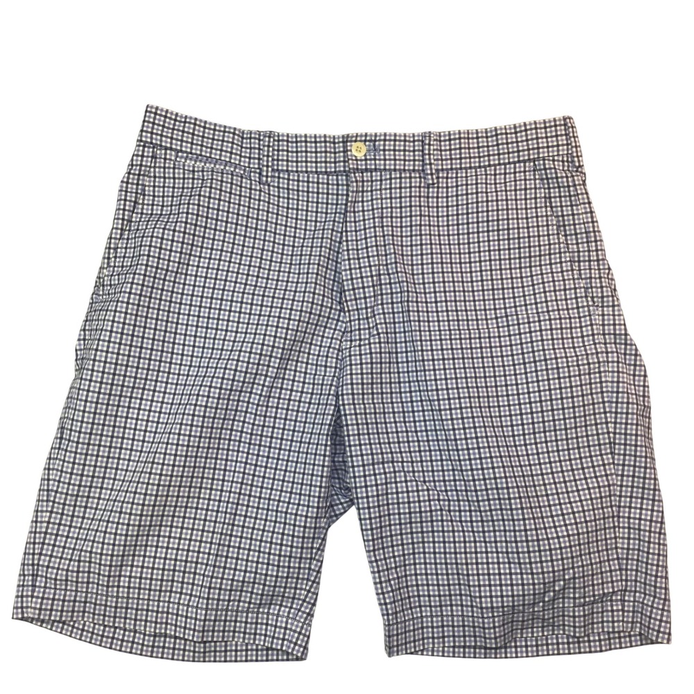 Polo Golf Ralph Lauren Mens 35 Blue White Gingham Plaid Cotton Shorts Flat Front